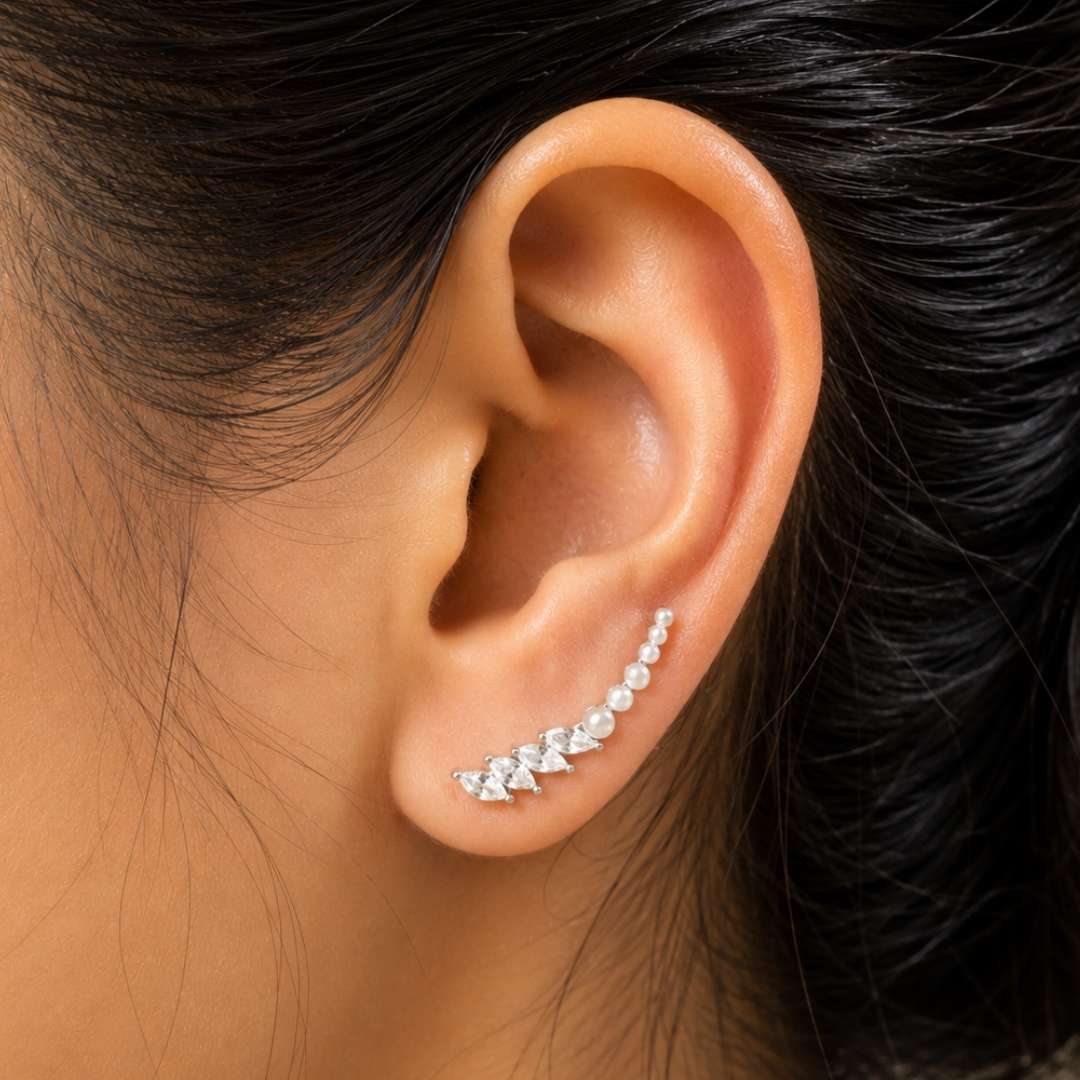 Silver Pearl Climber Earrings