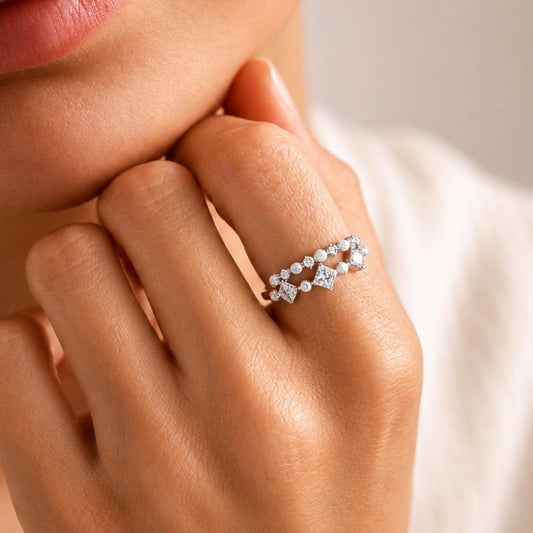 Silver Pearl & Crystal Double Ring