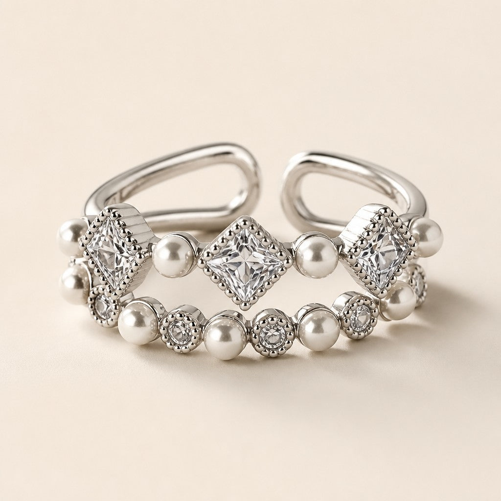 Silver Pearl & Crystal Double Ring