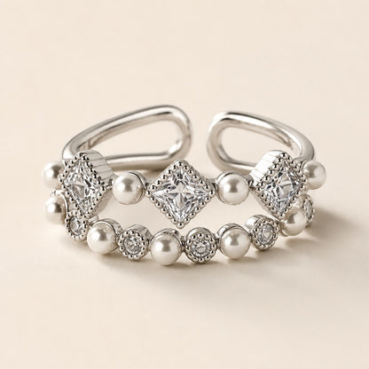 Silver Pearl & Crystal Double Ring