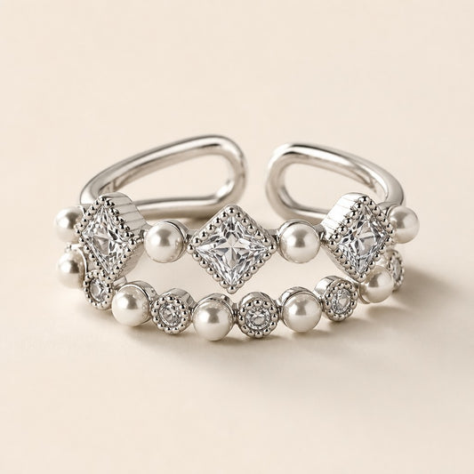 Silver Pearl & Crystal Double Ring