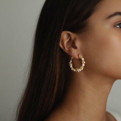 Textured Stone Pearl Hoops
