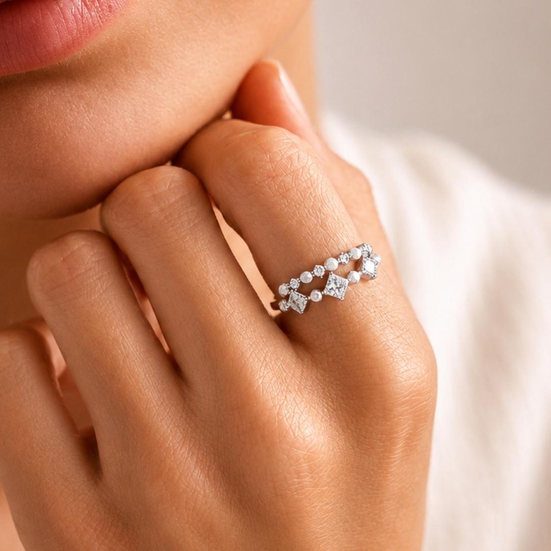 Silver Pearl & Crystal Double Ring