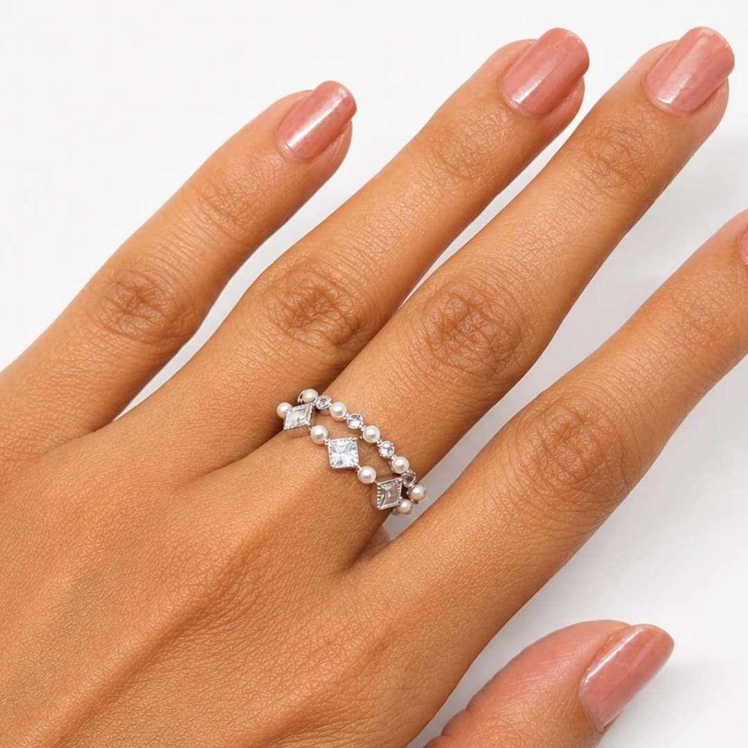 Silver Pearl & Crystal Double Ring